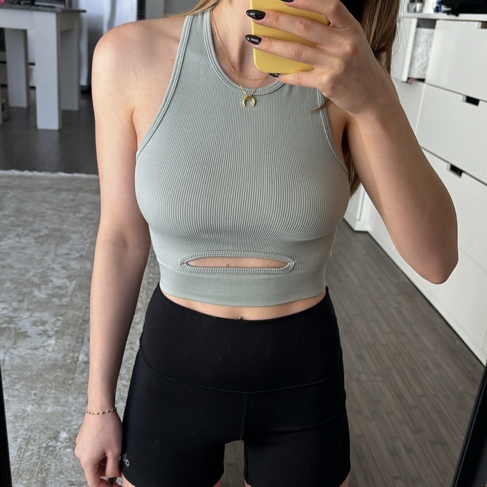 Bella movement ribbed high neck cropped tank top sleeveless cutout racerback